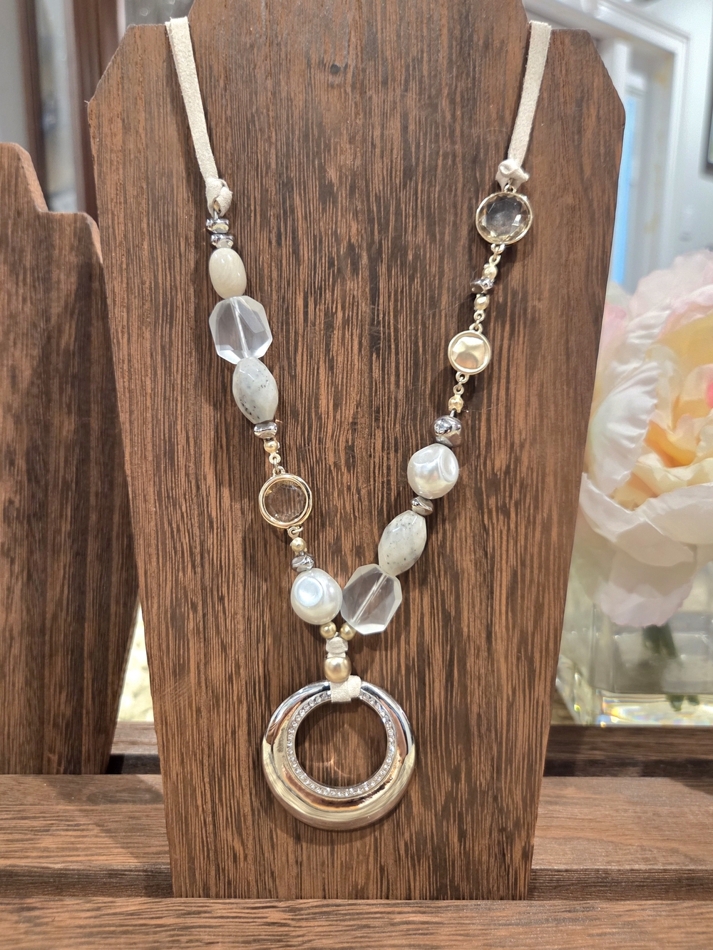 Chico's Cream, Clear, Silver and Gold Multi-Bead Pendant Necklace
